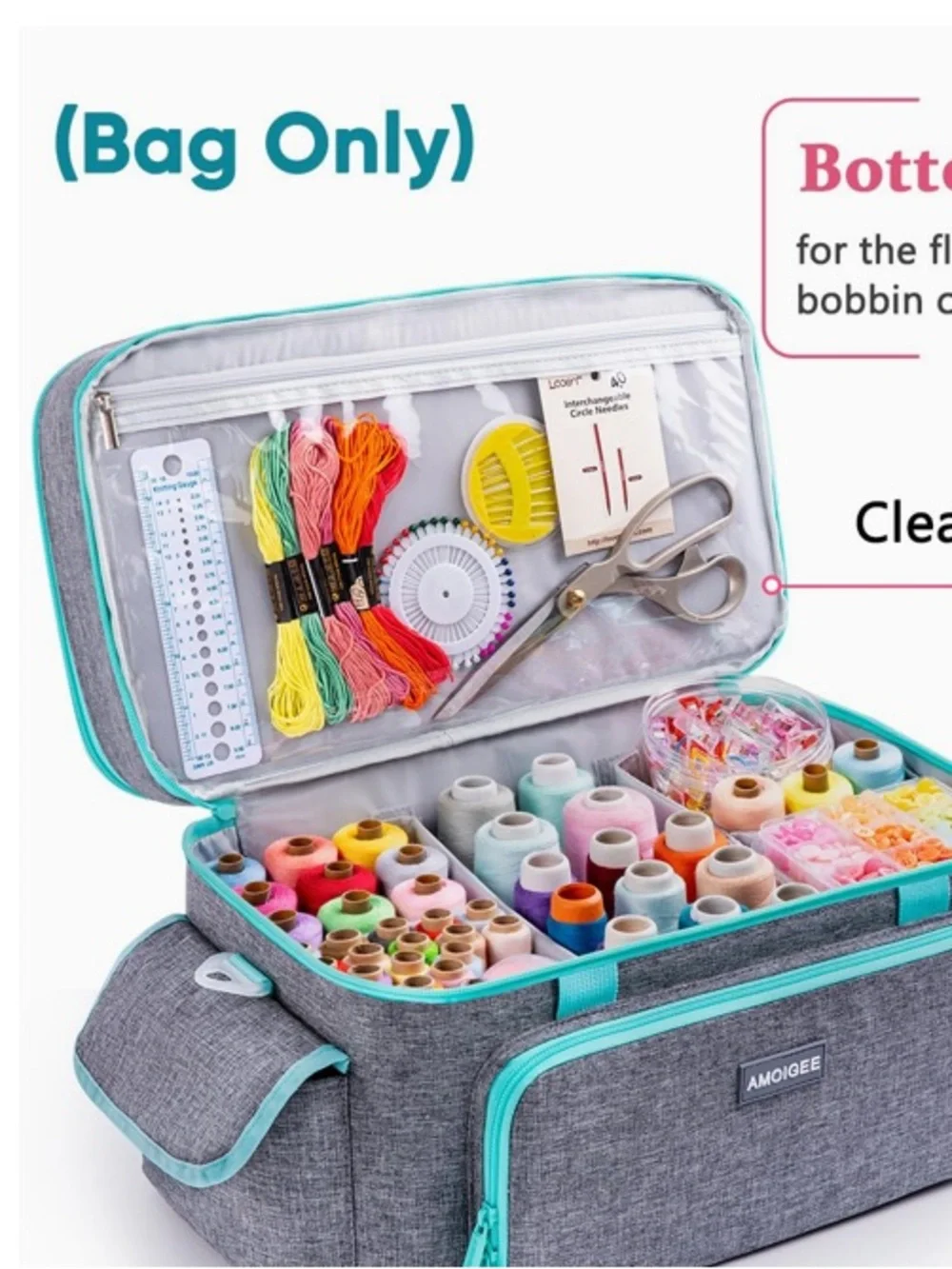 Portable Gray & Teal Craft or Sewing Organizer Bag with Turquoise Trim NEW